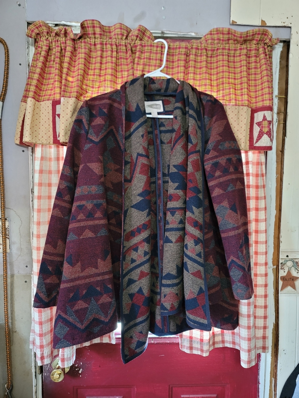 Forever 21 Burgandy Black Open Cardigan/Sweater Asymmetrical Hem Aztec Inspired